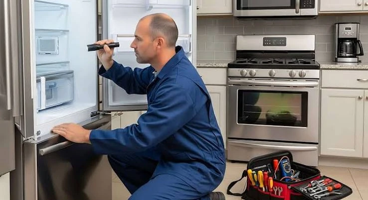 Technician inspecting the inside of an open refrigerator with a flashlight